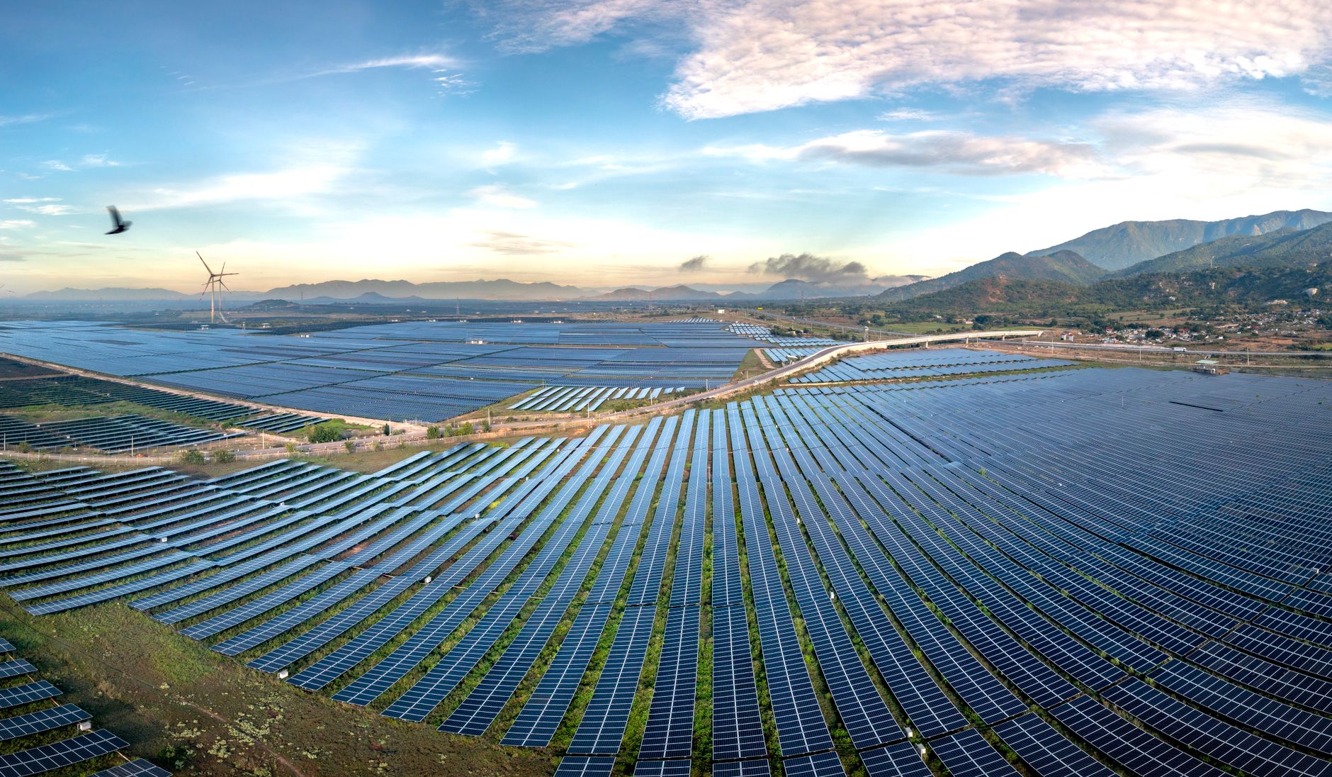 Rows of solar panels on a large flat solar park